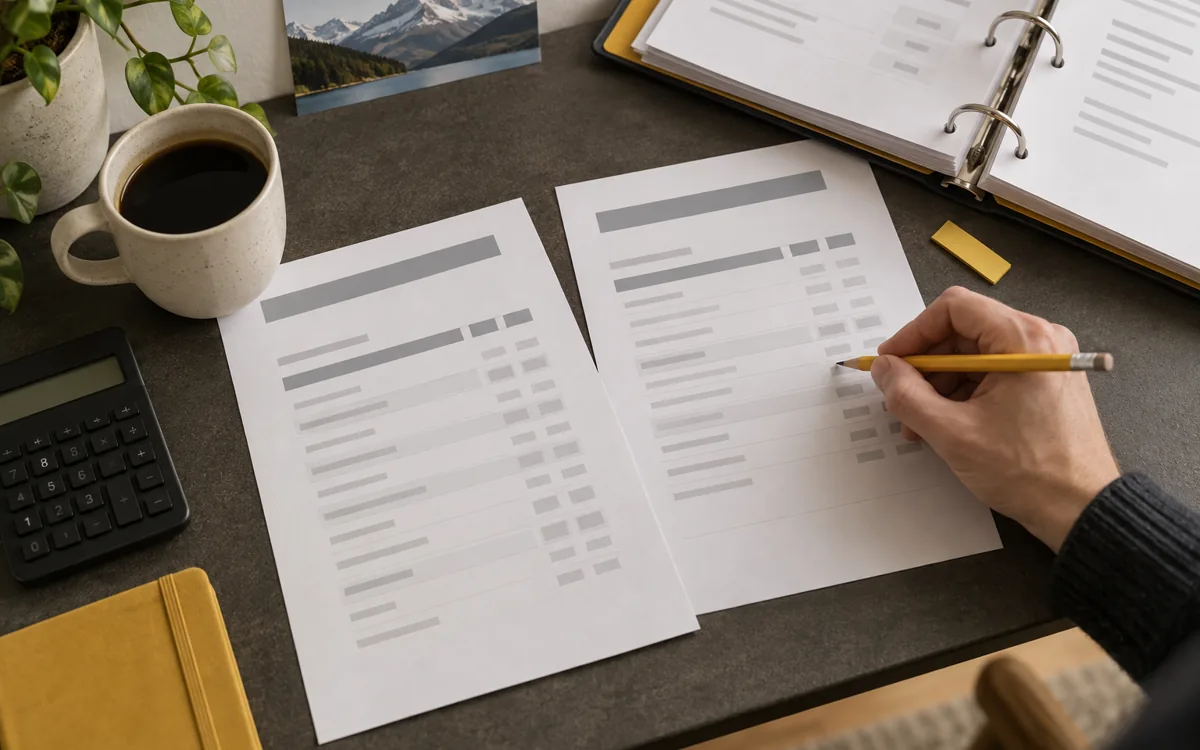 Illustration de deux propositions web comparées avec une calculatrice et des notes
