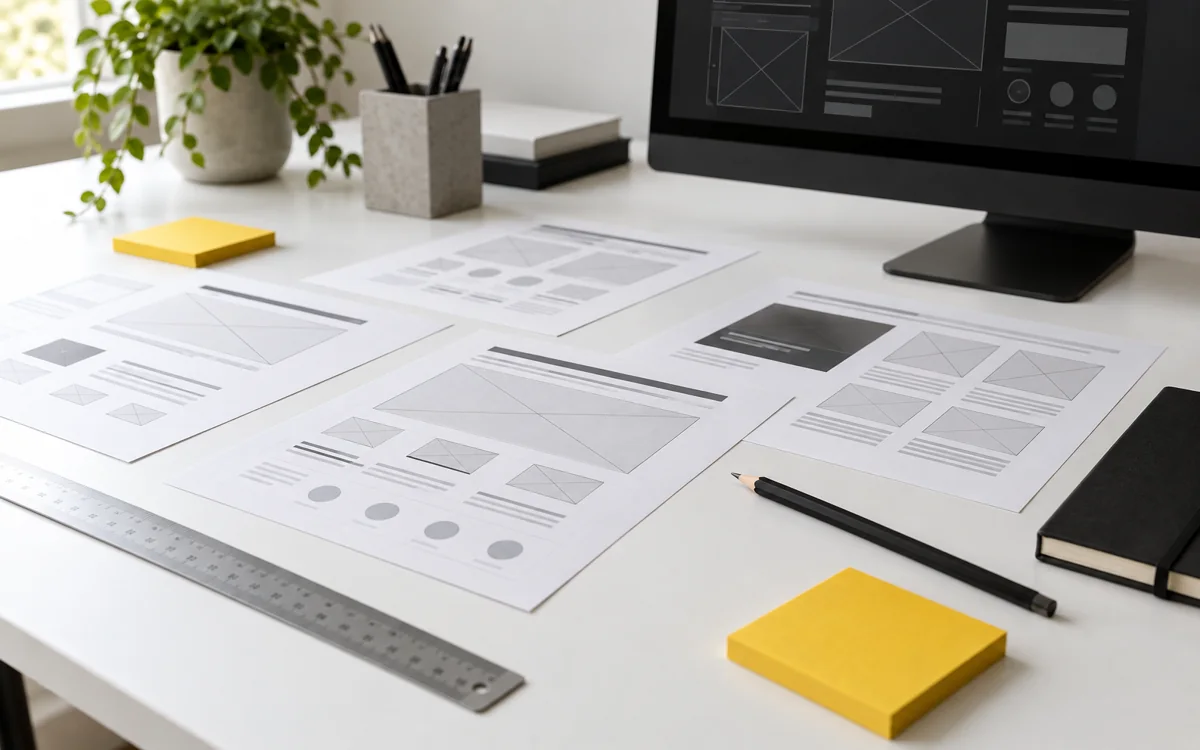 Maquettes web et documents de conception sur un bureau sans personne
